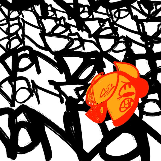Hand-drawn orange figure over black marks
