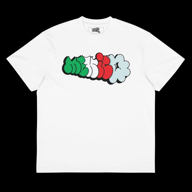 White graphic T-shirt photographed on black